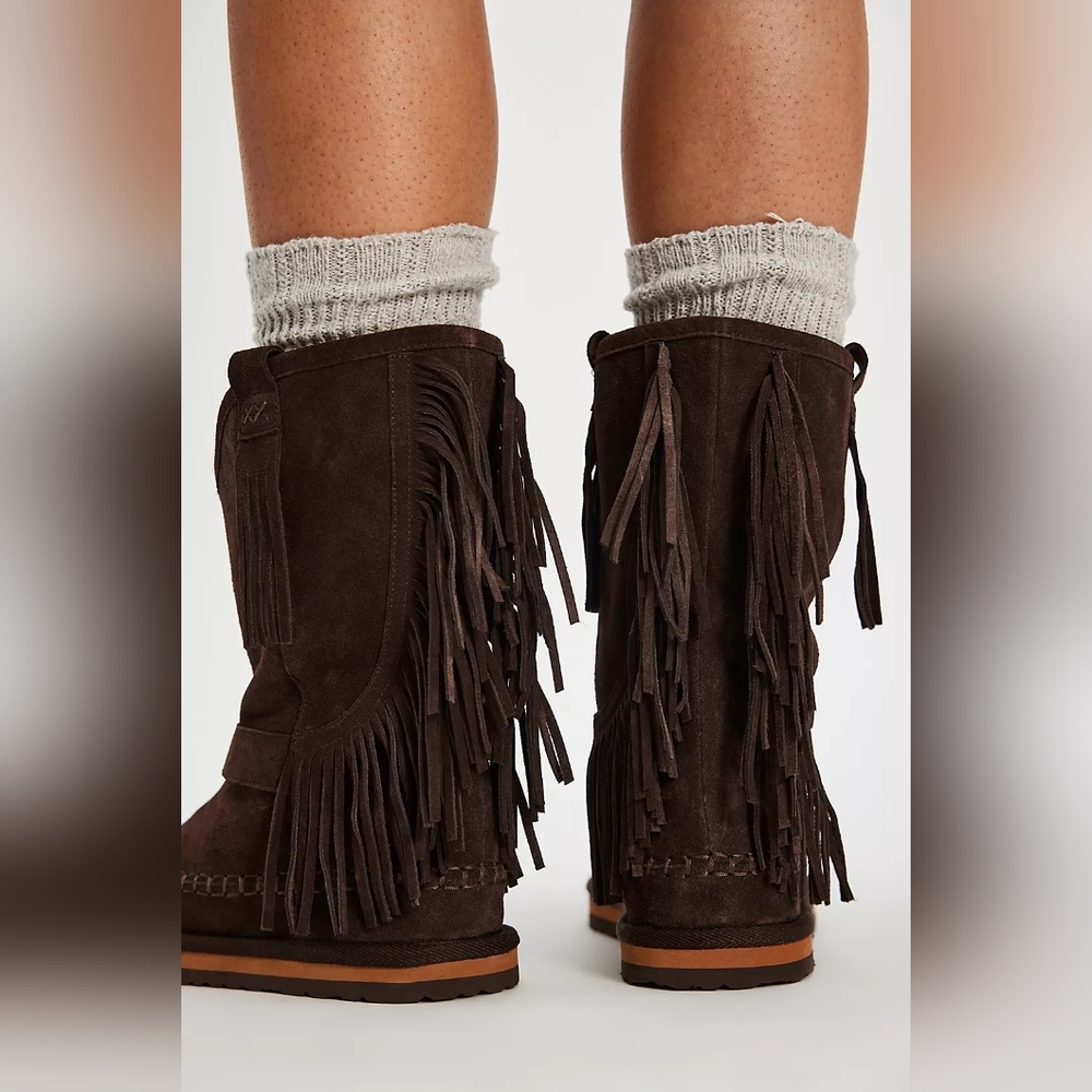 Free People Faye Fringe Pull On Boots Chocolate Women's Leather Various Sizes - Picture 2 of 8